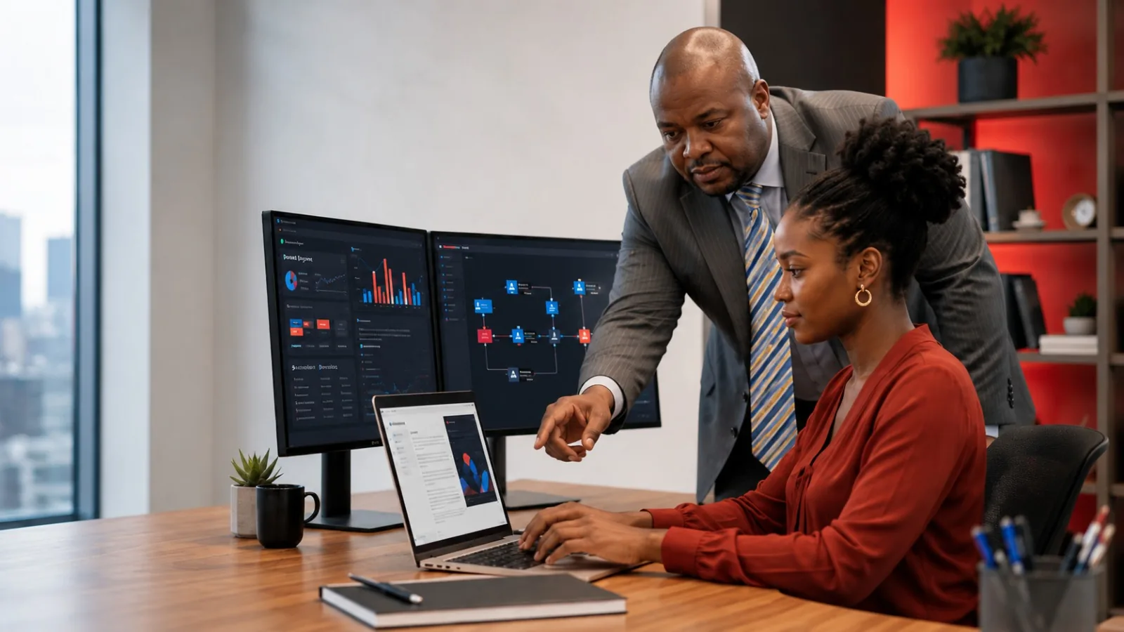 One-to-one coaching session reviewing data dashboards with AI assistance