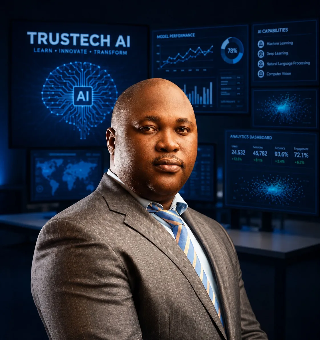 Prof. Zuo Bruno, AI Architect and Cyber Security Specialist, in a grey suit and striped tie before Trustech AI dashboards
