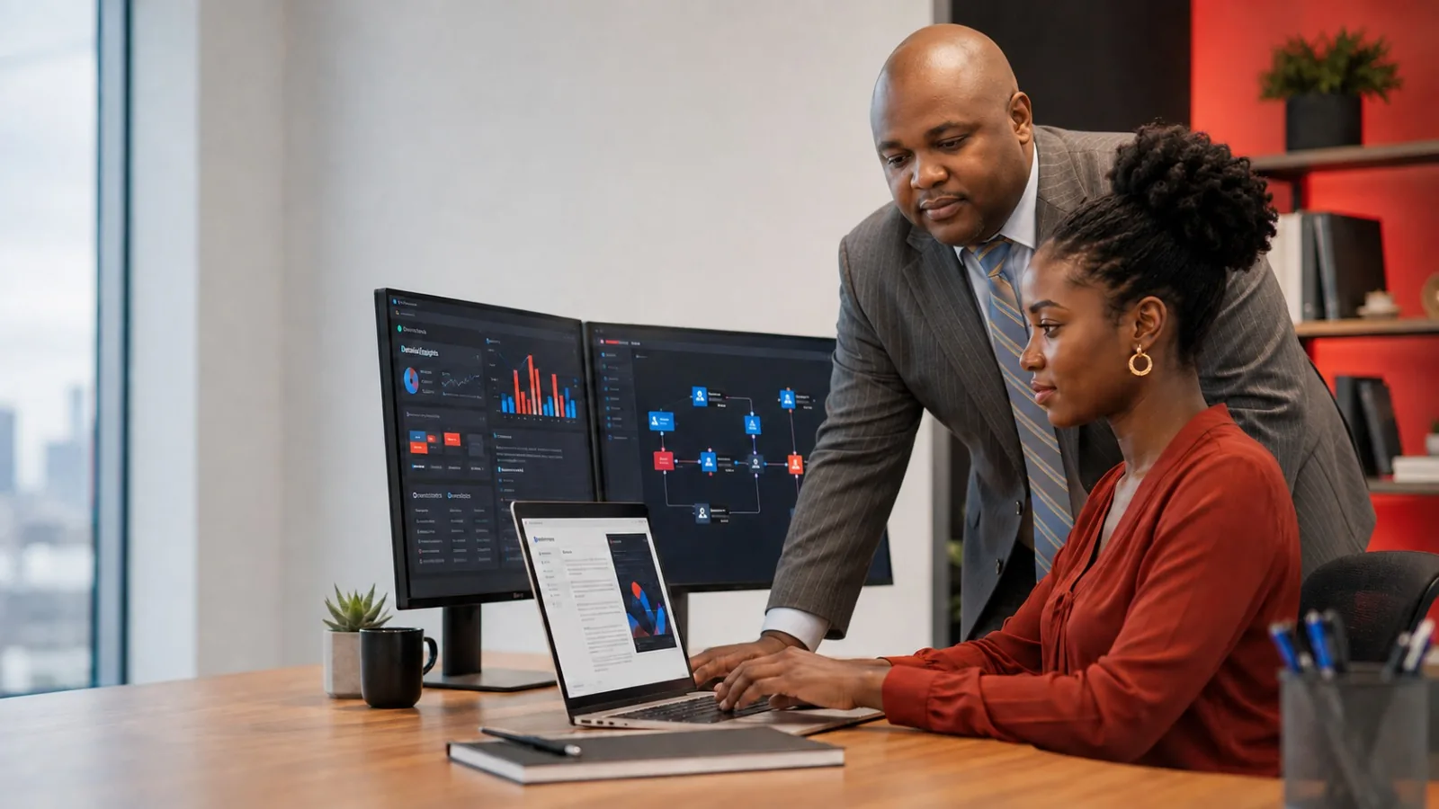 A Trustech instructor standing beside a seated participant, coaching her through an applied AI project on a laptop and two dashboard monitors