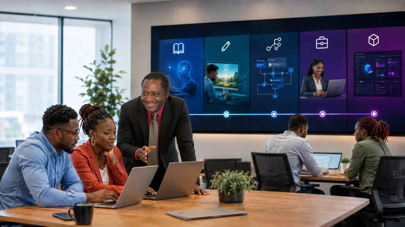 Students and professionals working with AI tools during a training session