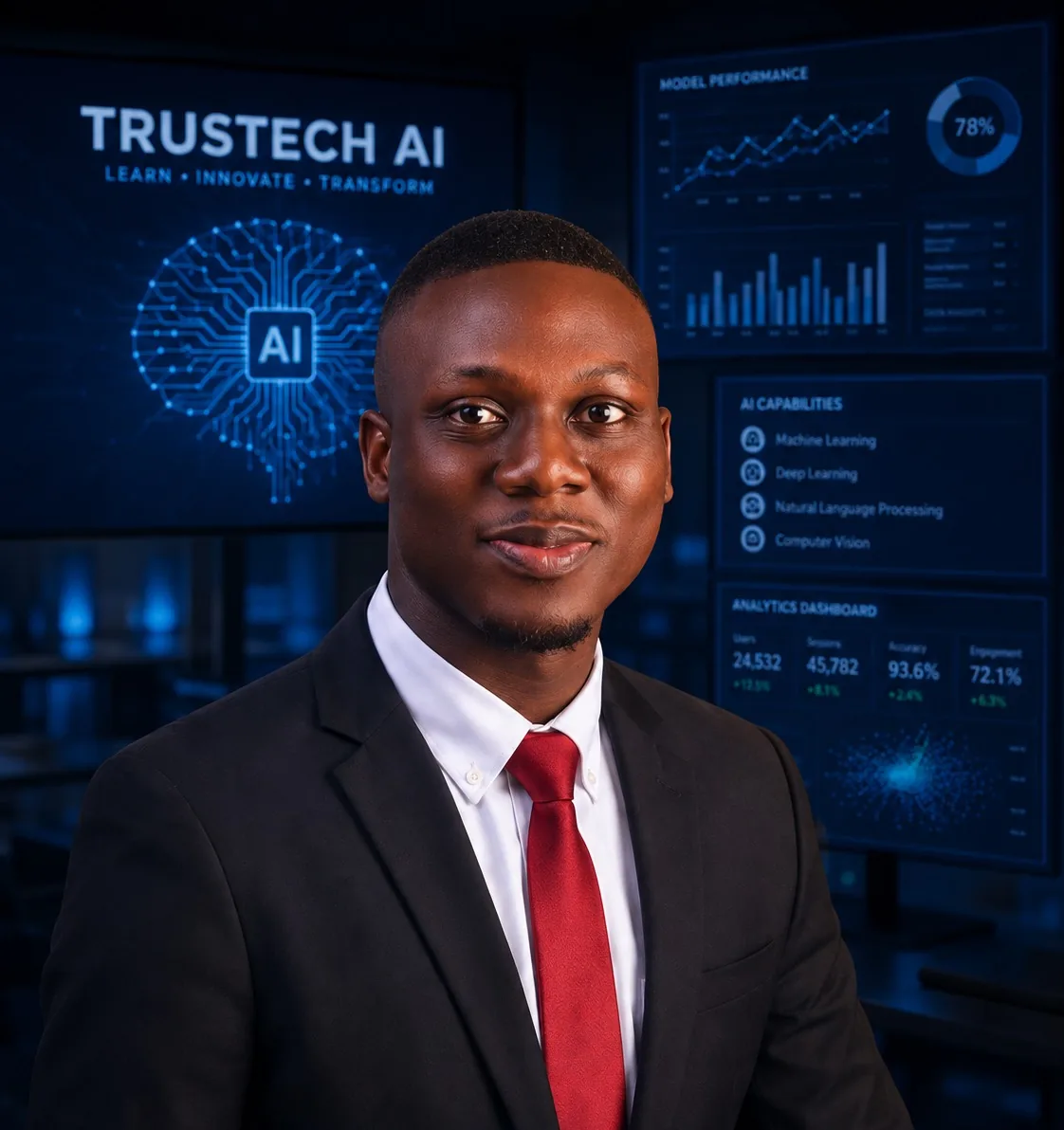 Mr. Oluwaseun Esho, AI creator and Trustech instructor, in a dark suit and red tie in front of Trustech AI dashboard screens